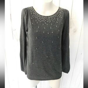 Boden Solid Gray Wool Bead Embellished Long Sleeve Knit Top - Size US 4